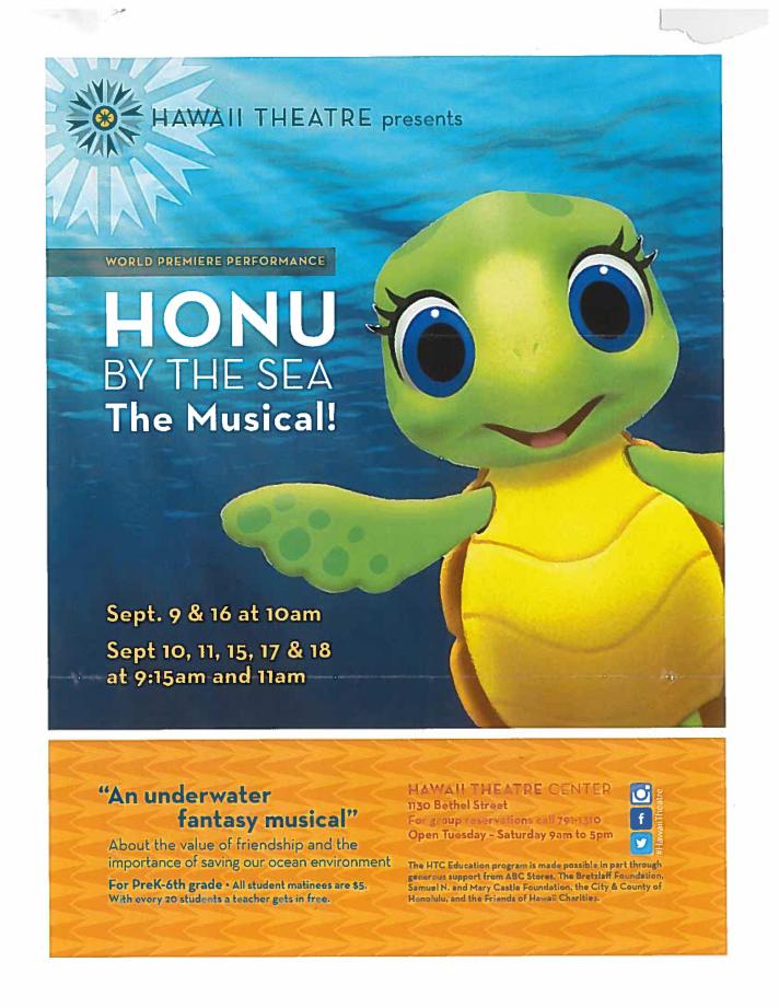 Sept. 9 & 16 at 10 am Sept. 10, 11, 15, 17 & 18 at 9:15 am and 11 am. For PreK-6th grade. All student matinees are $5. With every 20 students, a teacher gets in free. 